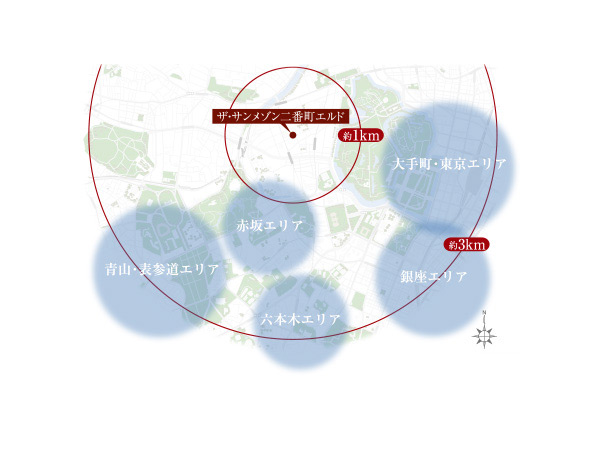Features of the building.  [Wide area conceptual diagram] "The ・ Chiyoda Nibancho that Sanmezon Nibancho Eldo "is born. 3km distance from the hillside at an altitude of about 26m, Including the Otemachi, Shinjuku, Aoyama, Roppongi, Ginza, etc., Govern the downtown landmark in the hands.