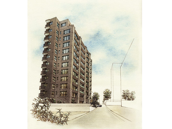 Buildings and facilities. To plan land located in the middle of the slope that fragrant Bancho likeness is, Commitment to harmony with the surrounding environment, We designed the appearance. Also, Equipped with a porte-cochere is the entrance, Site facing the two-way road, Further enhances the texture on to live in this land. (Exterior Illustration)