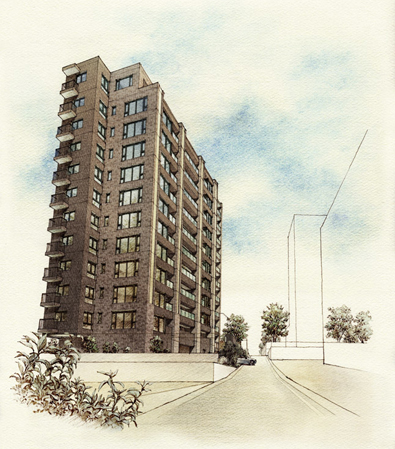 Building Rendering. Brown's appearance, Blend in with the surrounding greenery and calm some streets, It has become a chic and tasteful design