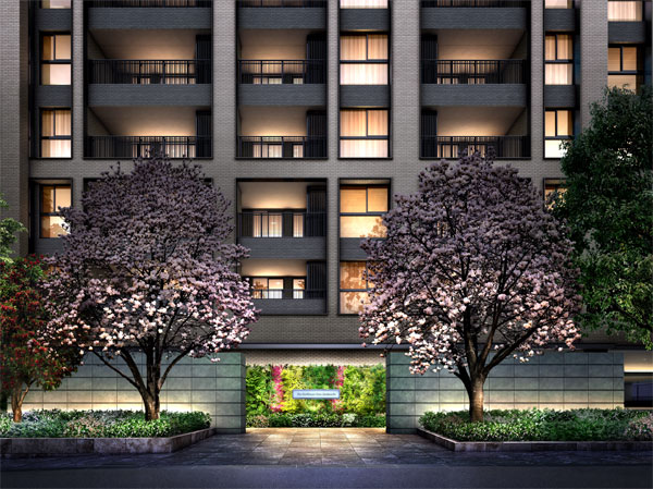 Shared facilities.  [East Exterior - Rendering]  ※ Rendering all, Which was raised to draw based on the drawings of the planning stage, In fact a slightly different. Guttering, Air conditioner outdoor unit, Evacuation hatch, There is equipment, etc. that have not been reproduced TV antenna or the like. Also, Planting may be subject to change, And it has not been drawn on the assumption the state at the time of a particular season or your tenants.