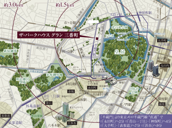 Location concept illustrations Metropolitan Expressway also near (Kitanomaru exit about 1.1km · entrance about 1.4km), Car access is also good  ※ Ginza ・ Sukiyabashi intersection: about 3.1km (about 5 minutes), Roppongi intersection: about 4.0km (about 6 minutes) (fraction required a fraction of the time of car use ※ 2)