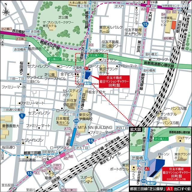 Local guide map. Comprehensive Mansion Gallery Tamachi Museum. Address: Shiba, Minato-ku, Tokyo 2-7-17 Sumitomo Shiba Park Building third floor. ※ So we offer the parking lot, Can also be coming by car (model room guide map)