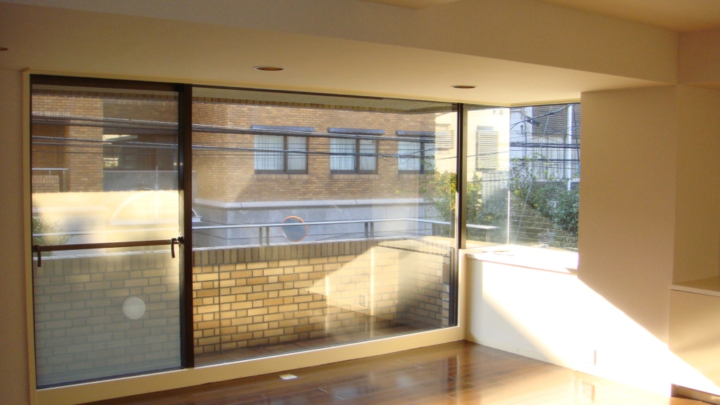 Living and room. Sunshine is coming from the large windows.