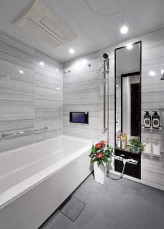 Bathing-wash room.  [bathroom] Us loose and healing and the fatigue of the day, Bathroom of relaxation. Otobasu that it is ready for a bath in one switch Ya, Well slip Flagstone floor drainage, W water-saving shower head, etc., Functionality ・ Was consideration to safety. further, Wrap the whole body with a fine mist, Refreshing effect and relaxing effect, Cosmetic effect has also adopted also mist sauna function that can be expected.