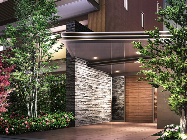 Features of the building.  [entrance] Dense shaped like woven yarn and thread. Design, such as to transmit soften the light and wind. Friendly color that fits comfortably in the city. Is that every single aesthetic, We'll create a beautiful residence to be loved from the city. (Entrance Rendering)