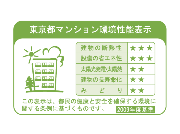 Building structure.  [Tokyo apartment environmental performance display] Based on the efforts of the building environment plan that building owners will be submitted to the Tokyo Metropolitan Government, 5 will be evaluated in three stages for items.  ※ For more information see "Housing term large Dictionary".