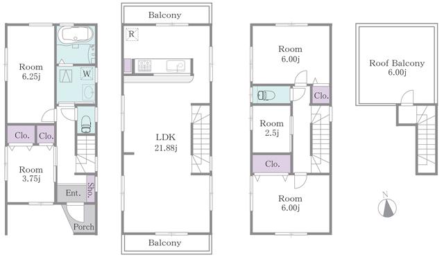 Floor plan. 48,800,000 yen, 5LDK, Land area 73.96 sq m , Building area 115.68 sq m all building common Floor Large 5LDK type (with a large roof balcony)