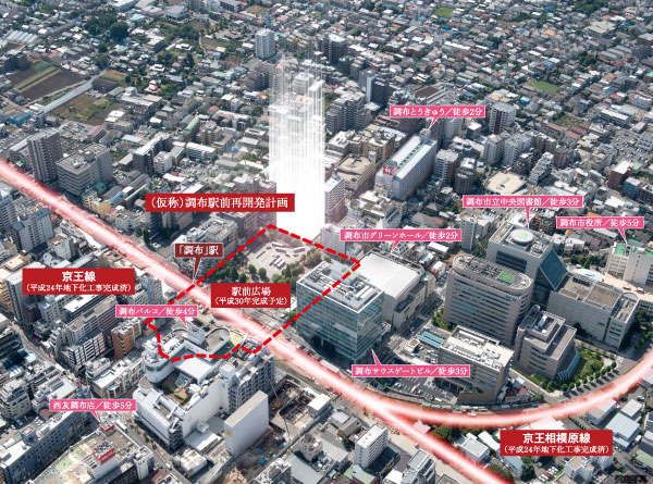 Surrounding environment. Helicopter shot ※ Aerial photo of the web is, Chofu Kojimacho 1-chome sky shoot the southeast direction from the (August 2013) was intended to CG, such as the light of the local partial synthesis ・ Is that where the processing. Also, Surrounding environment might change in the future. ※ Chofu Station south exit east district urban redevelopment project (scheduled to be completed in March 2015)