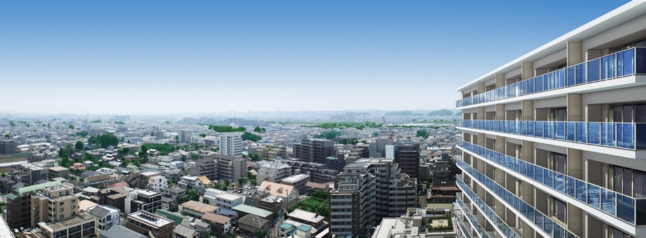 Subjected to CG process to building Rendering (view photos from the 15th floor local equivalent (August 2013 shooting), CG synthesis building Rendering that caused draw based on the drawings of the planning stage ・ Which was processed, In fact the different. Also, Surrounding environment ・ View might change in the future)