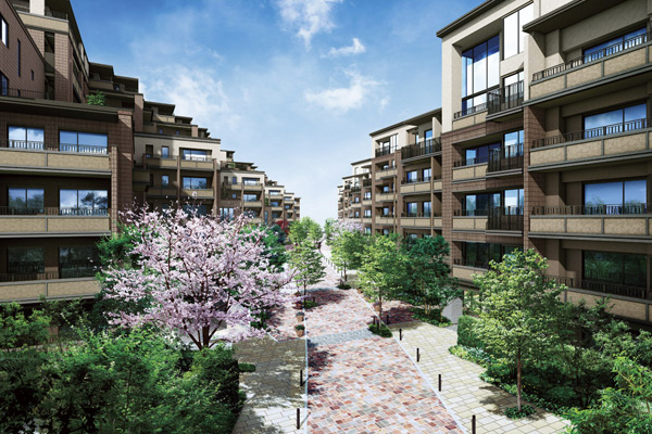 Buildings and facilities. Born in the scale of all 331 House in the land of Chofu that and blessed with natural convenience. (appearance ・ Central Garden Rendering CG) ※ Rendering CG of the web is one that caused draw based on the drawings of the planning stage, In fact a slightly different. Planting, And it has not been drawn on the assumption the state at the time of a particular season or your tenants.  ※ Ameoke, Air conditioner outdoor unit, Water heater, Air supply opening, Since there is equipment, etc. are not shown on the representation such as roads display, Please check again in the drawings collection, etc..  ※ Road section (compartment road No. 1 ・ The shape of the city road) is, It may be subject to change in the future.