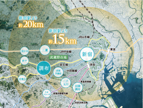 Surrounding environment. "Chofu" station is about 15km from "Shinjuku" station. Limited express, Express, such as, All of the train stops traffic of strategic point of Keio Line. (Shinjuku about 15km zone conceptual diagram) ※ It shows the approximate distance on the map in satellite photos, In fact a slightly different.