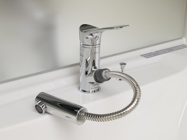 Bathing-wash room.  [Basin single lever mixing faucet] The wash basin of clean, Mixing faucet of a pull-out that reaches to every corner of the bowl. Simple and stylish design.