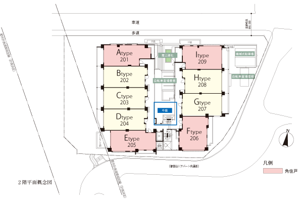 Features of the building.  [Pleasant courtyard feel the rest and the four seasons] In the "City House Sengawa Midorigaoka" is, Along with the number of planted 栽計 picture feel the richness of nature in the lives on the premises, It has established a courtyard. Color of the four seasons, which is felt in the eyes, It brings the healing time to live people. (Site layout illustration)