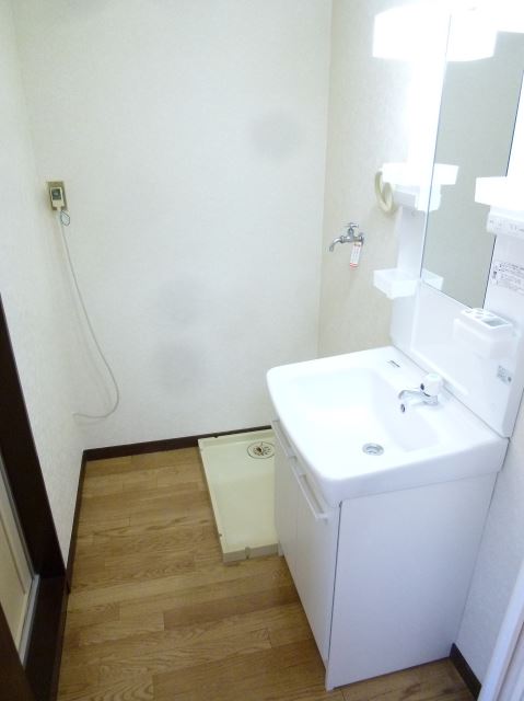 Washroom. Independent wash basin. Washing machine in the room.