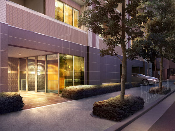 Shared facilities.  [Place the planted zone] Make you feel familiar green, Place the planted zone is around the building. Enhance the boundary of the town, We crowded wrapped gently number of time. (Entrance Rendering)