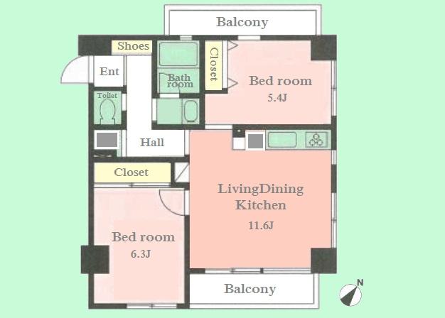 Floor plan. 2LDK, Price 34,800,000 yen, Occupied area 53.12 sq m , Balcony area 8.6 sq m