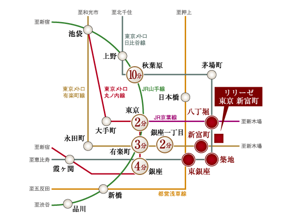 Surrounding environment. <Ririze Tokyo Shintomicho> is to birth, 3-minute walk of the "Shintomicho" the beginning of the station, The ideal position of 4 station 4 routes available to the walking distance is also the "Higashi-Ginza" station. While maintaining the workplaces as a good closeness, Swagger the streets of Ginza on day off. It can be enjoyed such a longing of lifestyle. It is also attractive that are substantial is close to life convenience facility. (Access view)