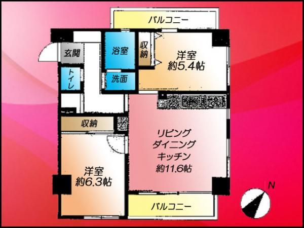 Floor plan. 2LDK, Price 34,800,000 yen, Occupied area 53.12 sq m , Balcony area 8.6 sq m