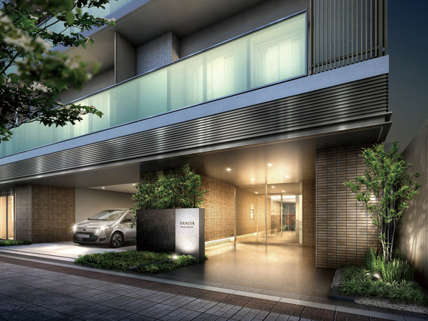 Shared facilities.  [Entrance Rendering] Entorasu that becomes the face of abode, Space as a design of Yingbin without fading. Entrance wall leading to the hole, It produces a high-quality space with depth. floor ・ On the wall surface, Layout a variety of material stuck to the texture and color. The entrance is like it is proud to return, To gently welcome those who live.