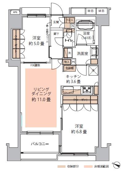 Floor plan. 2LDK, Price 56 million yen, Occupied area 60.55 sq m , Balcony area 4.88 sq m storage rich, Without waste is a good floor plan easy to use.