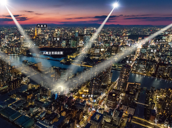 Surrounding environment.  [Chuo-ku, Tokyo Geo Kachidoki] To Ginza, To Tsukiji, To Marunouchi, It will begin future Going one step ahead from the town who knows the Tokyo "Kachidoki".  ※ In fact it is subjected to some CG work in aerial photo (2013 February shooting) and slightly different.