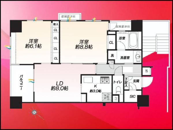 Floor plan. 2LDK, Price 45,800,000 yen, Occupied area 60.77 sq m , Balcony area 5.4 sq m