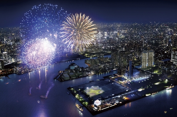 Aerial photo of the web is CG synthesis building Rendering of the drawings of the planning stage was raised to draw based on the photographs of northwest direction from the Rainbow Bridge over (August 2013) ・ Which was processed, In fact a slightly different. It should be noted that there is no guarantee for the future of holding the presence or absence of "Tokyo Bay Dahua Fire Festival". Also, Surrounding environment might change in the future