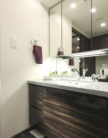 Bathing-wash room.  [Powder Room] The three-sided mirror back, Installing the storage space. Convenient and basin around you Katazuki neat to cosmetics and small parts storage. Also, The beautiful and appearance without seams, Cleaning has also adopted a simple bowl-integrated natural stone counter.