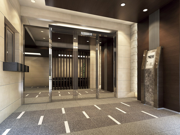 Shared facilities.  [Main entrance Rendering] In addition to the design wall that has been laced as shown in works of art, The door was constructed only in the frame and the glass of Silver, Such as by passing through the louver which arranged in the entrance hall, We built up the appropriate atmosphere in the space invite customers. ( ※ In fact a somewhat different in the things that caused draw based on the drawings.  ※ Planting does not indicate the status of a particular season. Also, Tree species of planting ・ About the size has become a undetermined, It does not grow to about Rendering at the time of completion. )