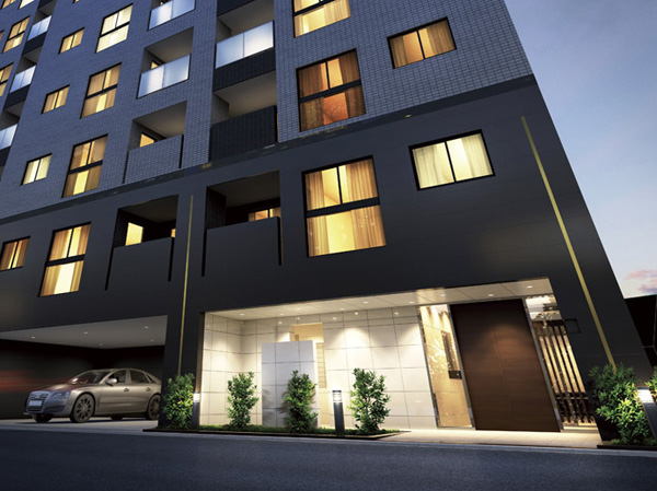 Shared facilities.  [Main entrance Rendering] And writing, such as works of art, To dramatic the city of night. ( ※ Which was raised drawn based on drawing, Bicycle-parking space, Private car park, Multistory parking garage, fence, Planting, Induce joint, Gutter, etc. is slightly different from the actual so we have omitted some.  ※ Planting does not indicate the status of a particular season. Also, Tree species of planting ・ About the size has become a undetermined, It does not grow to about Rendering at the time of completion.  ※ Glass handrail strut position is there is a possibility of change. )