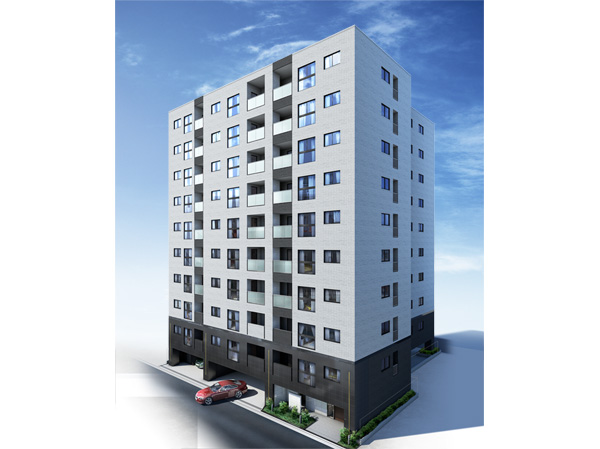 Shared facilities.  [Exterior - Rendering] Some from the middle part of the color ring tones and white is over the upper part, Build a smart facade incorporating black accents. ( ※ Which was raised drawn based on drawing, Bicycle-parking space, Private car park, Multistory parking garage, fence, Planting, Induce joint, Gutter, etc. is slightly different from the actual so we have omitted some.  ※ Planting does not indicate the status of a particular season. Also, Tree species of planting ・ About the size has become a undetermined, It does not grow to about Rendering at the time of completion.  ※ Glass handrail strut position is there is a possibility of change. )