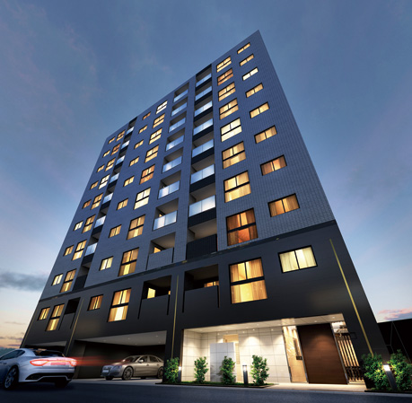 Buildings and facilities. Smart facade wears the air of "Nihonbashi". Basic part and the middle part ~ High sensitivity design depicting the contrast in the color ring of the upper part. (Exterior - Rendering /  ※ Which was raised drawn based on drawing, Bicycle-parking space, Private car park, Multistory parking garage, fence, Planting, Induce joint, Gutter, etc. is slightly different from the actual so we have omitted some.  ※ Planting does not indicate the status of a particular season. Also, Tree species of planting ・ About the size has become a undetermined, It does not grow to about Rendering at the time of completion.  ※ Glass handrail strut position is there is a possibility of change. )