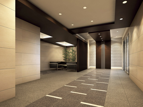 Buildings and facilities. Be to live a colorful and calm, To space reminiscent of a lounge. (Entrance lounge Rendering /  ※ In fact a somewhat different in the things that caused draw based on the drawings.  ※ Planting does not indicate the status of a particular season. Also, Tree species of planting ・ About the size has become a undetermined, It does not grow to about Rendering at the time of completion. )