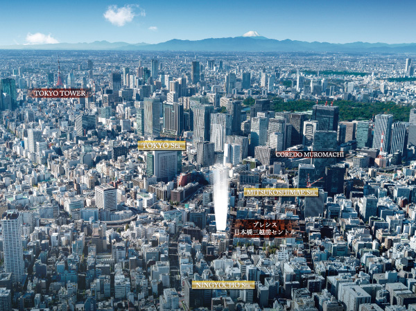 Surrounding environment. Among a number of historic buildings that have been built up Nihonbashi brand, Building to propose a new lifestyle in harmony, Nihonbashi of aesthetics will continue to connect to the A New mature. The property will be born in the pivotal Naru position of this town. (Which it was subjected to some CG work in aerial photographs taken on 11 January 2012, In fact a slightly different. Also, Light representing the position of the local does not indicate the scale and height of the building. )