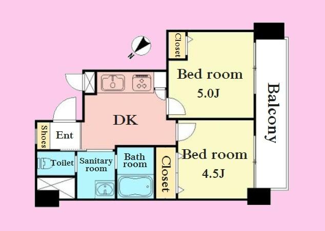 Floor plan. 2DK, Price 21,800,000 yen, Occupied area 34.24 sq m , Balcony area 6.78 sq m