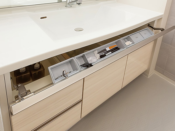 Bathing-wash room.  [Bowl front pocket] The pocket can hold small items such as bowl before makeup tool installed, It has been improved convenience.