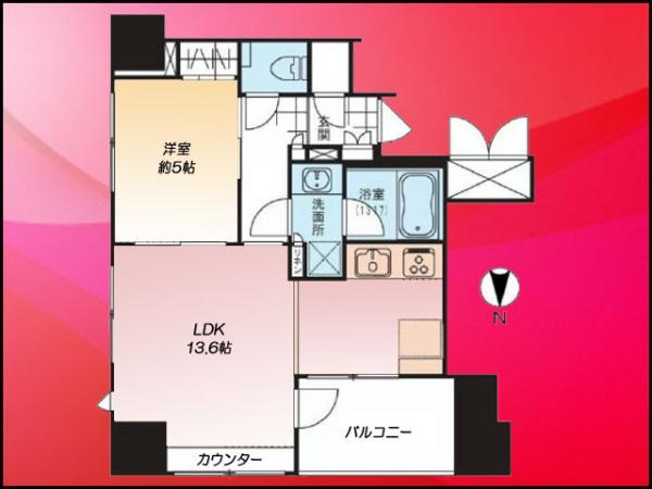 Floor plan. 1LDK, Price 36,800,000 yen, Occupied area 45.05 sq m , Balcony area 5.86 sq m