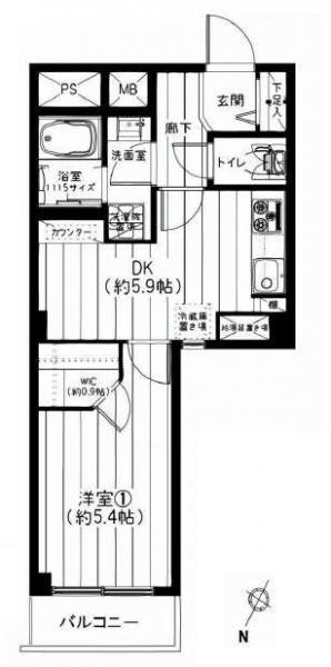 Floor plan. 1DK, Price 19.9 million yen, Occupied area 31.49 sq m , Balcony area 2.5 sq m