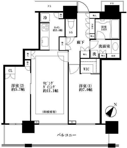 Floor plan. 2LDK, Price 61,800,000 yen, Occupied area 65.38 sq m , Balcony area 13.8 sq m