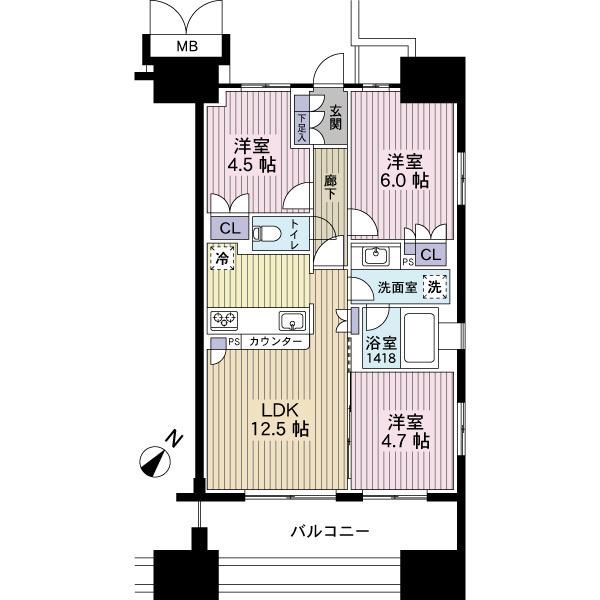 Floor plan. 3LDK, Price 45,800,000 yen, Occupied area 60.45 sq m , Balcony area 11.78 sq m