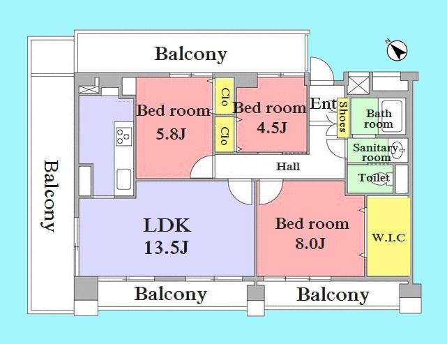 Floor plan. 3LDK, Price 44,800,000 yen, Occupied area 80.39 sq m , Balcony area 35.55 sq m