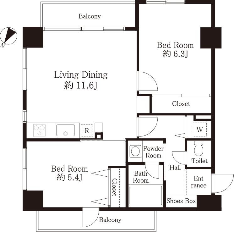 Floor plan. 2LDK, Price 34,800,000 yen, Occupied area 53.12 sq m , Balcony area 8.6 sq m floor plan