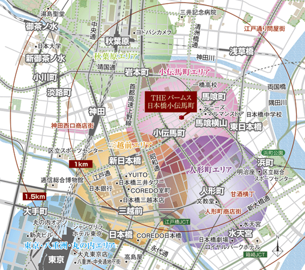 Surrounding environment. And the flavor of tradition, including the long-established department store, Nihonbashi state-of-the-art urban culture are fused. Tokyo face to represent the new and old here as a starting point, You can get the life style of the longing to be freely enjoyed. (Distance conceptual diagram)  ※ Concentric circles is the straight-line distance from the property.