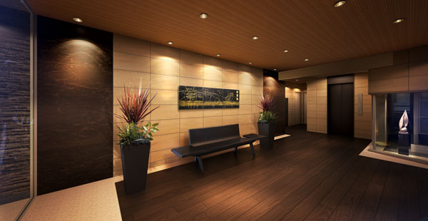 Buildings and facilities. While leaving the afterglow of the active urban life, Tranquil space that comfortably switched on and off with the "public" between the "I". Dignified beauty of stone and natural materials give off, Calculated lighting, Art, etc., It drifts sense of quality, such as reminiscent of hotels and museums. (Entrance Hall Rendering)