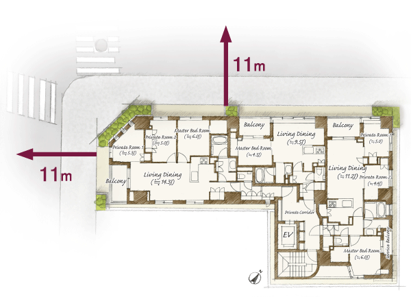 Buildings and facilities. Local is, Birth to the corner lot facing the two-way road of width about 11m. Taking advantage of its characteristics, ventilation ・ Including the consideration to improve the lighting of, It was realized the feeling of opening a land plan. Consideration to privacy in three units of planning on one floor. Open-minded corner dwelling unit is a center that designed the light and wind. Also, Adopt a hotel-like "inner corridor" design to enhance the private property. By not providing a window on the residential units facing the hallway,  Protect your privacy, It has extended crime prevention effect. (Site layout)