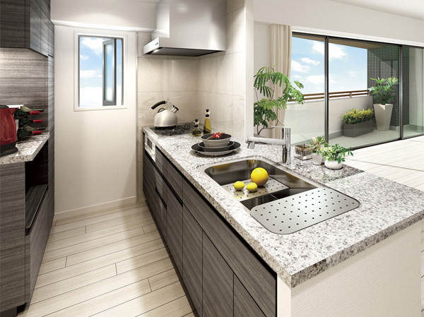 Kitchen.  [Original design kitchen] It is open type of flat counter facing the kitchen full of windows provided a feeling of opening. (B type Rendering)