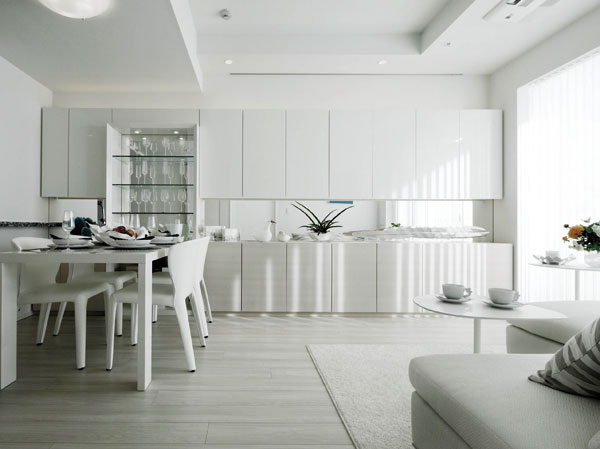 Interior.  [living ・ dining] 60H type model room 2LDK + SIC occupied area: 63.68 sq m balcony area: 11.73 sq m trunk room area: 0.59 sq m