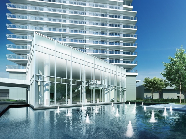 "Entrance" Rendering (T). Large space of the atrium, which is covered in glass, Basin and blue sky, And to mirror the green on site, It will be a serene space as gallery