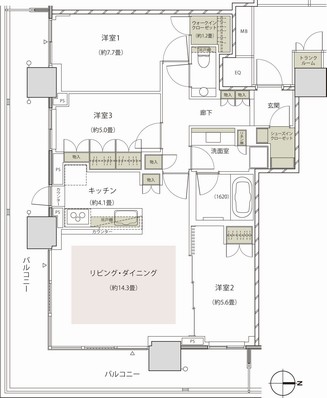 t80H type (Tier B Residence) / 3LDK + WIC + SIC (menu 1, free of charge, application deadline Yes) Footprint: 86.13 sq m (including the trunk room area 0.65 sq m in the occupied area) Balcony area: 33.42 sq m
