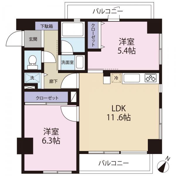 Floor plan. 2LDK, Price 34,800,000 yen, Occupied area 53.12 sq m , Balcony area 8.6 sq m